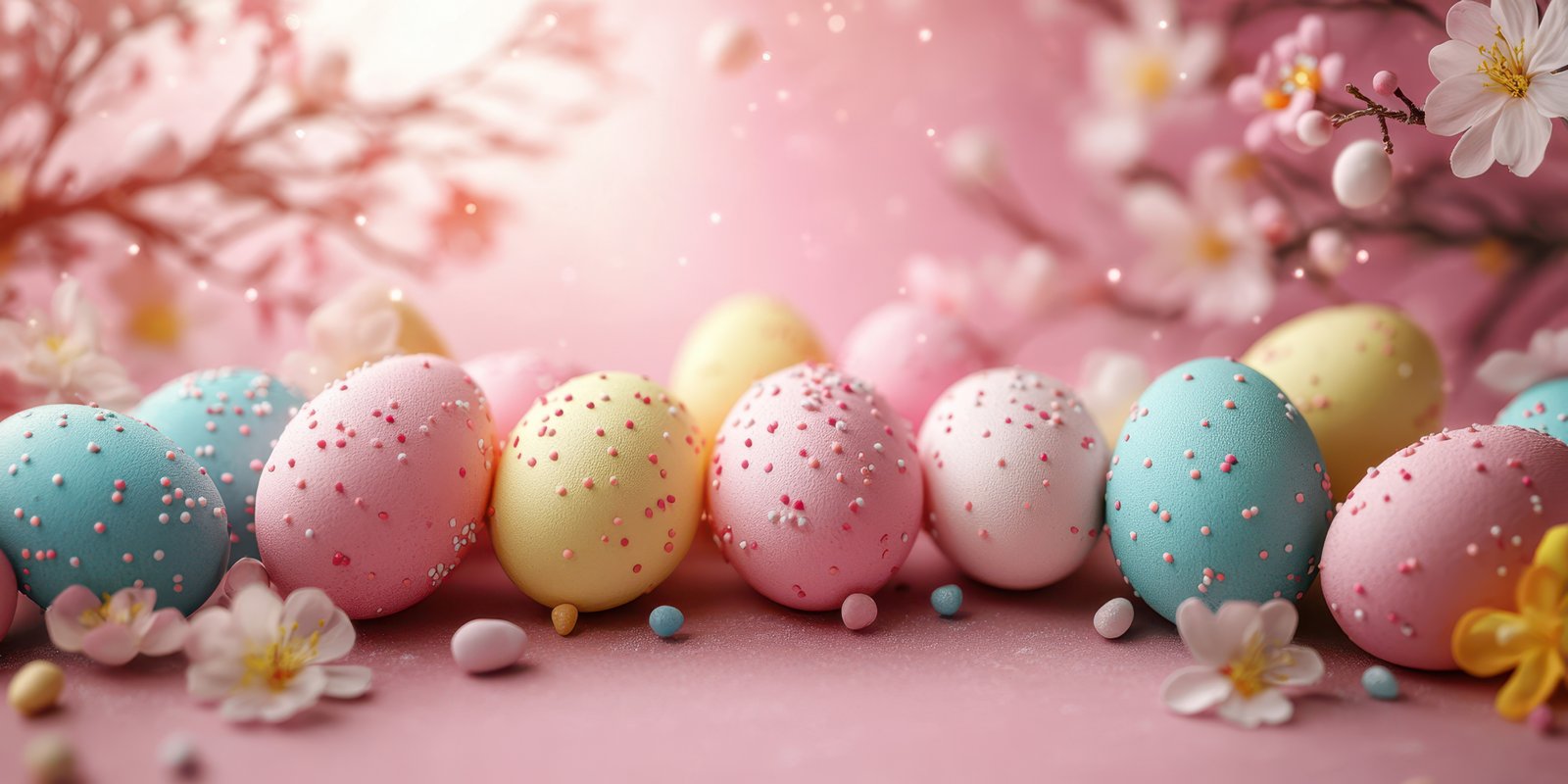 Colorful decorated eggs with spring flowers creating a festive atmosphere for Easter celebration in a soft pastel setting